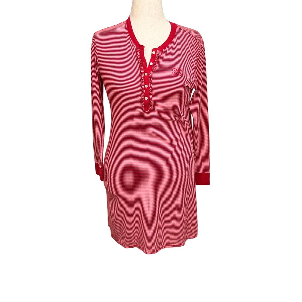 Lauren Ralph Lauren sleep shirt long sleeve red & white striped henley logo Sz S